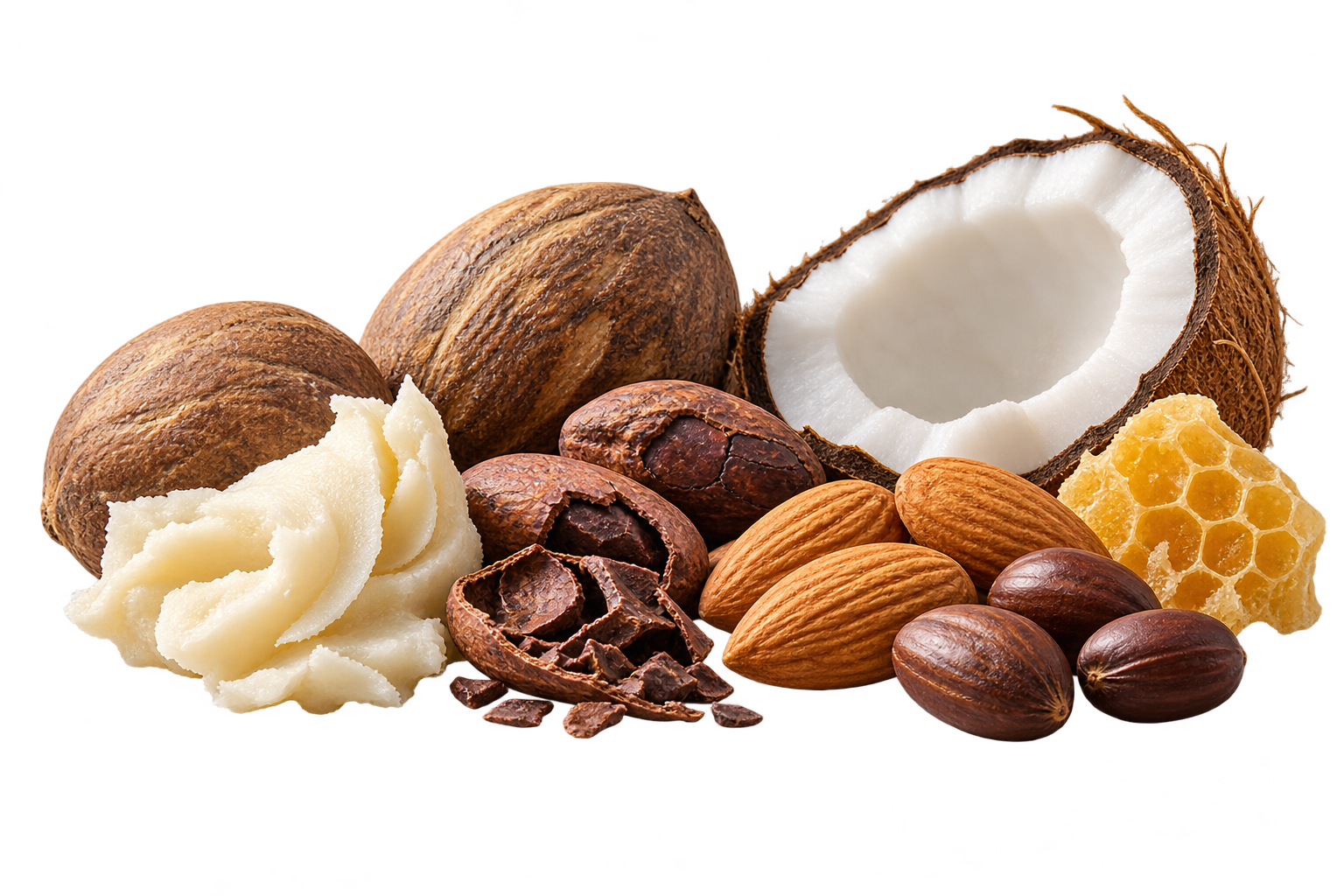 Karité, cacao, coco, amande douce, jojoba et cire d’abeille.