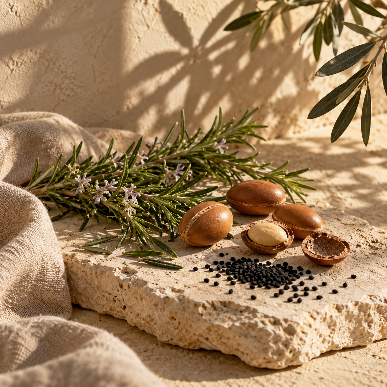 Romarin, noix d’argan et graines de nigelle sur une pierre claire.