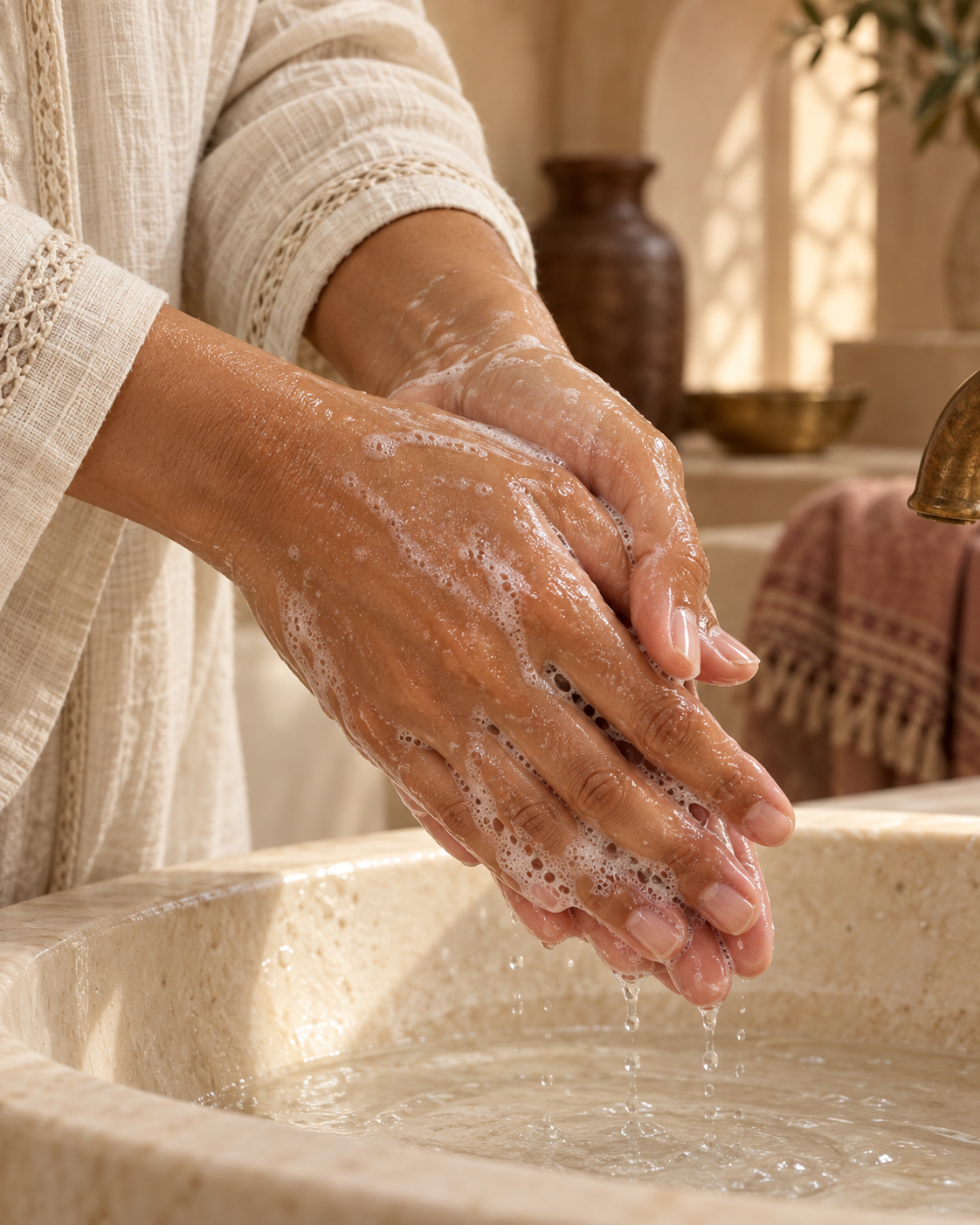 Mousse fine sur des mains lavées délicatement à l’eau.