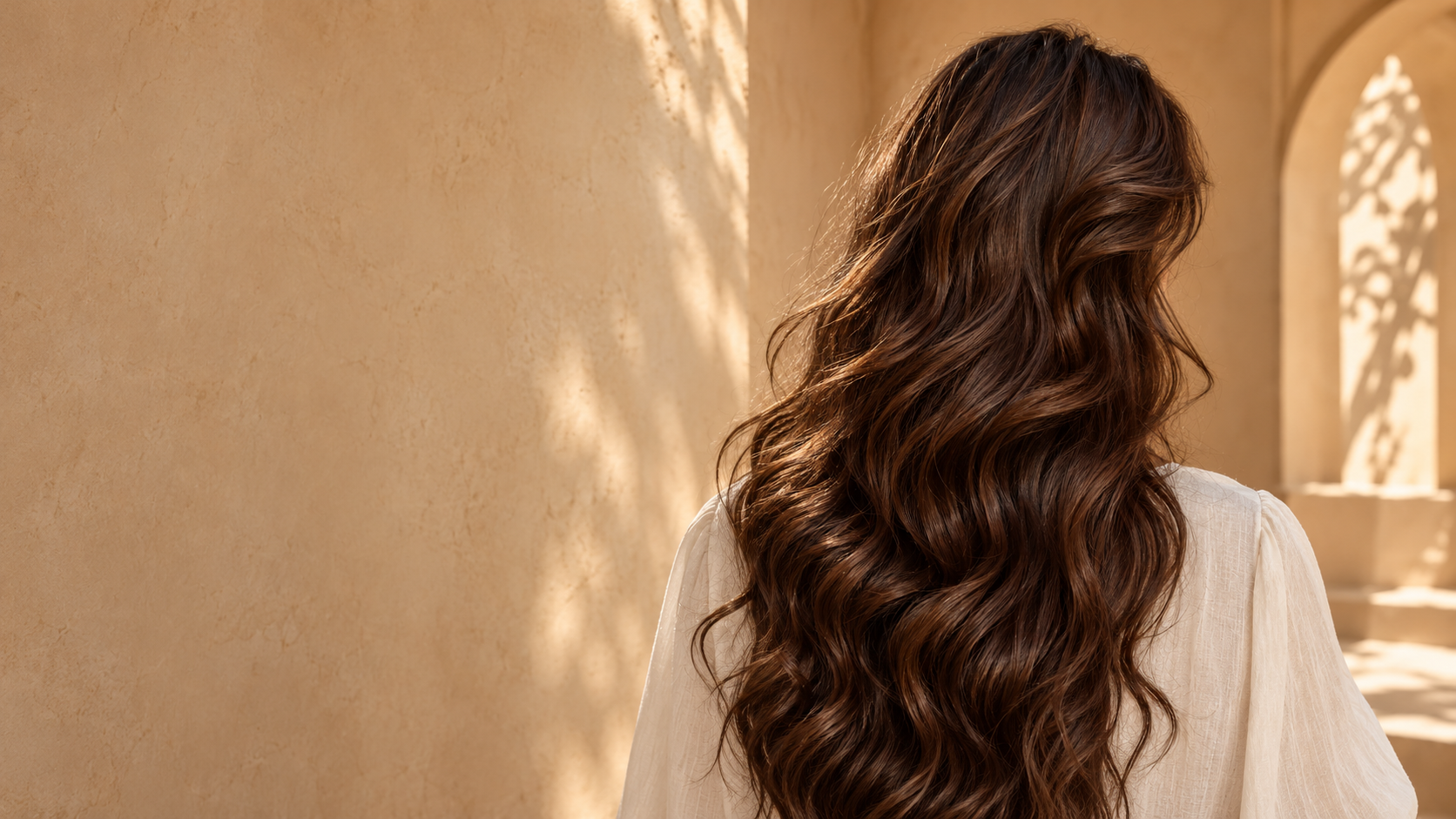 Cheveux ondulés dans la lumière d’un riad marocain